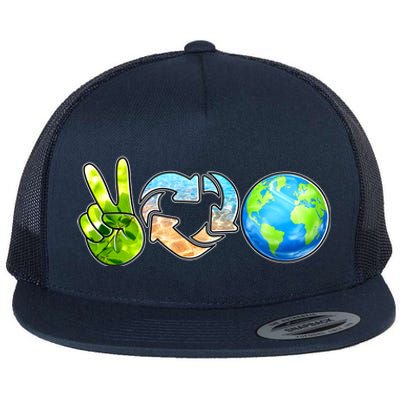 Peace Love Recycle Earth Celebrate Earth Day Everyday Flat Bill Trucker Hat