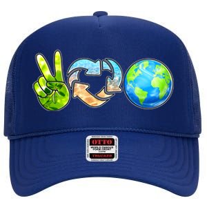 Peace Love Recycle Earth Celebrate Earth Day Everyday High Crown Mesh Back Trucker Hat