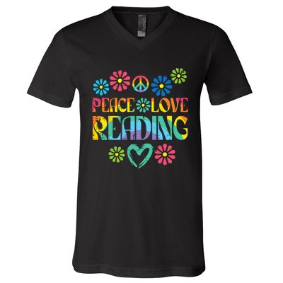 Peace Love Reading Tie Dye Book Lover Bookworm Librarian V-Neck T-Shirt