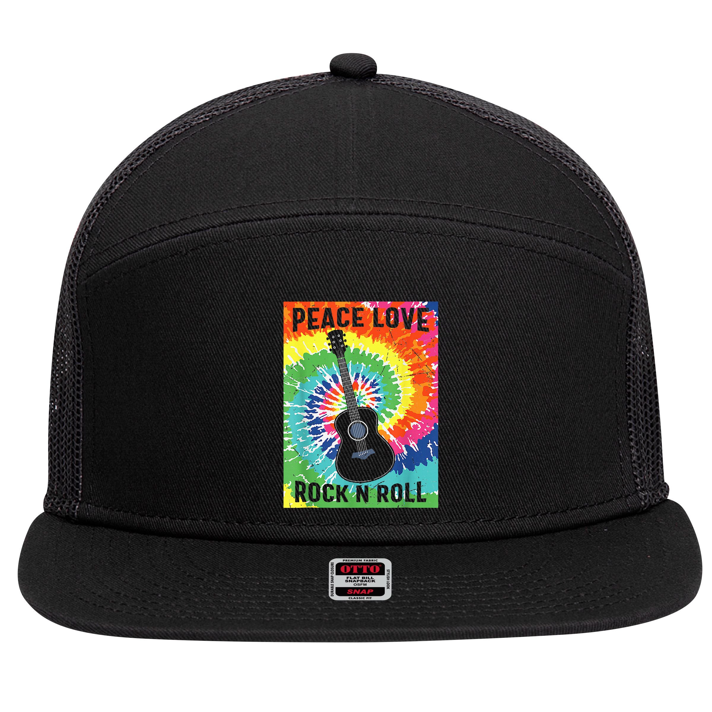 Peace Love Rock N Roll Tie Dye Hippie Guitar Music Retro 7 Panel Mesh Trucker Snapback Hat