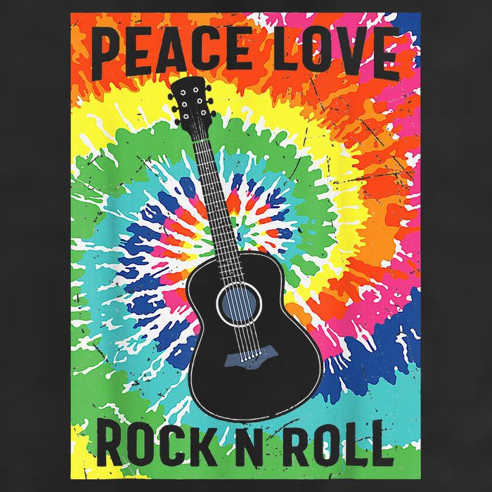 Peace Love Rock N Roll Tie Dye Hippie Guitar Music Retro 7 Panel Mesh Trucker Snapback Hat
