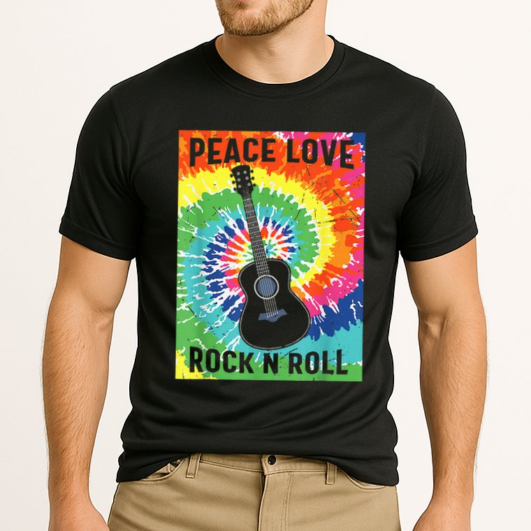 Peace Love Rock N Roll Tie Dye Hippie Guitar Music Retro Cooling Performance Crew T-Shirt