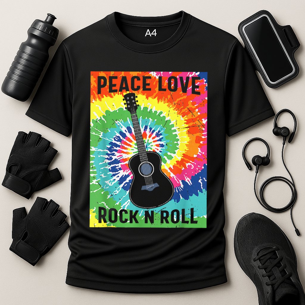 Peace Love Rock N Roll Tie Dye Hippie Guitar Music Retro Cooling Performance Crew T-Shirt