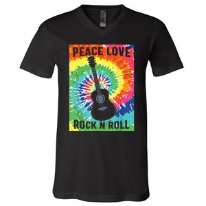 Peace Love Rock N Roll Tie Dye Hippie Guitar Music Retro V-Neck T-Shirt