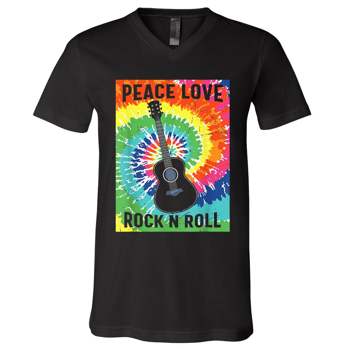 Peace Love Rock N Roll Tie Dye Hippie Guitar Music Retro V-Neck T-Shirt