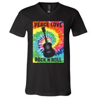 Peace Love Rock N Roll Tie Dye Hippie Guitar Music Retro V-Neck T-Shirt