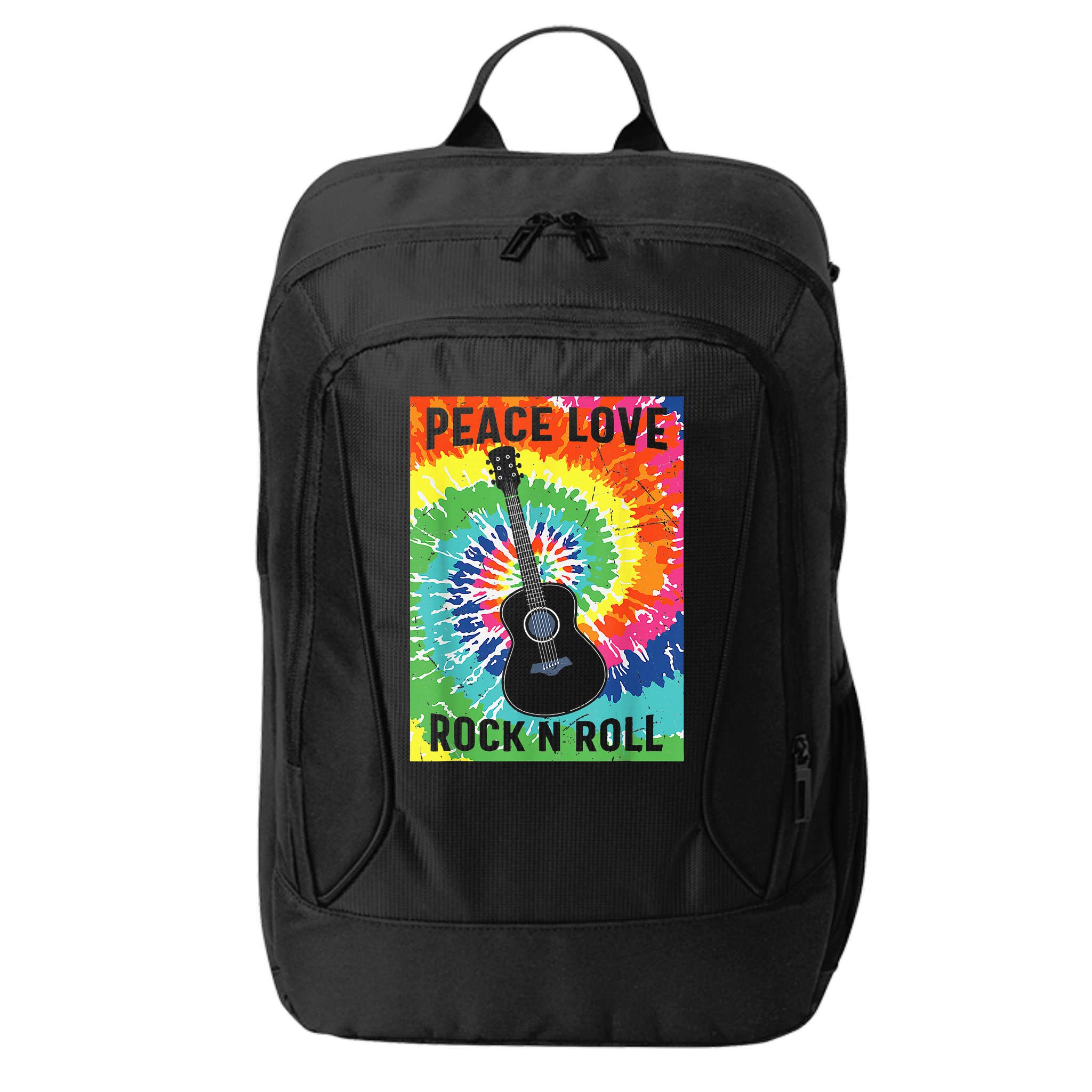 Peace Love Rock N Roll Tie Dye Hippie Guitar Music Retro City Backpack