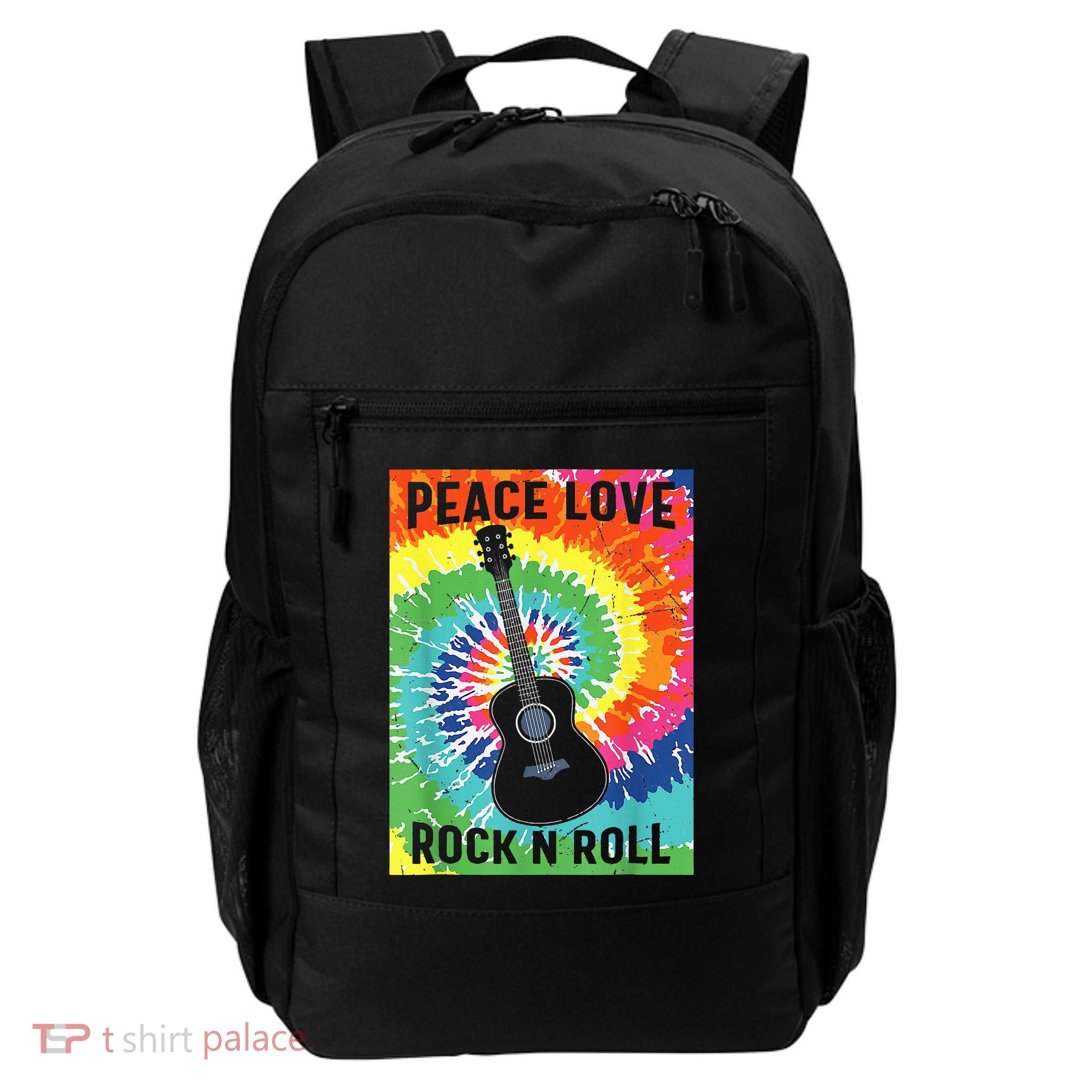Peace Love Rock N Roll Tie Dye Hippie Guitar Music Retro Backpack