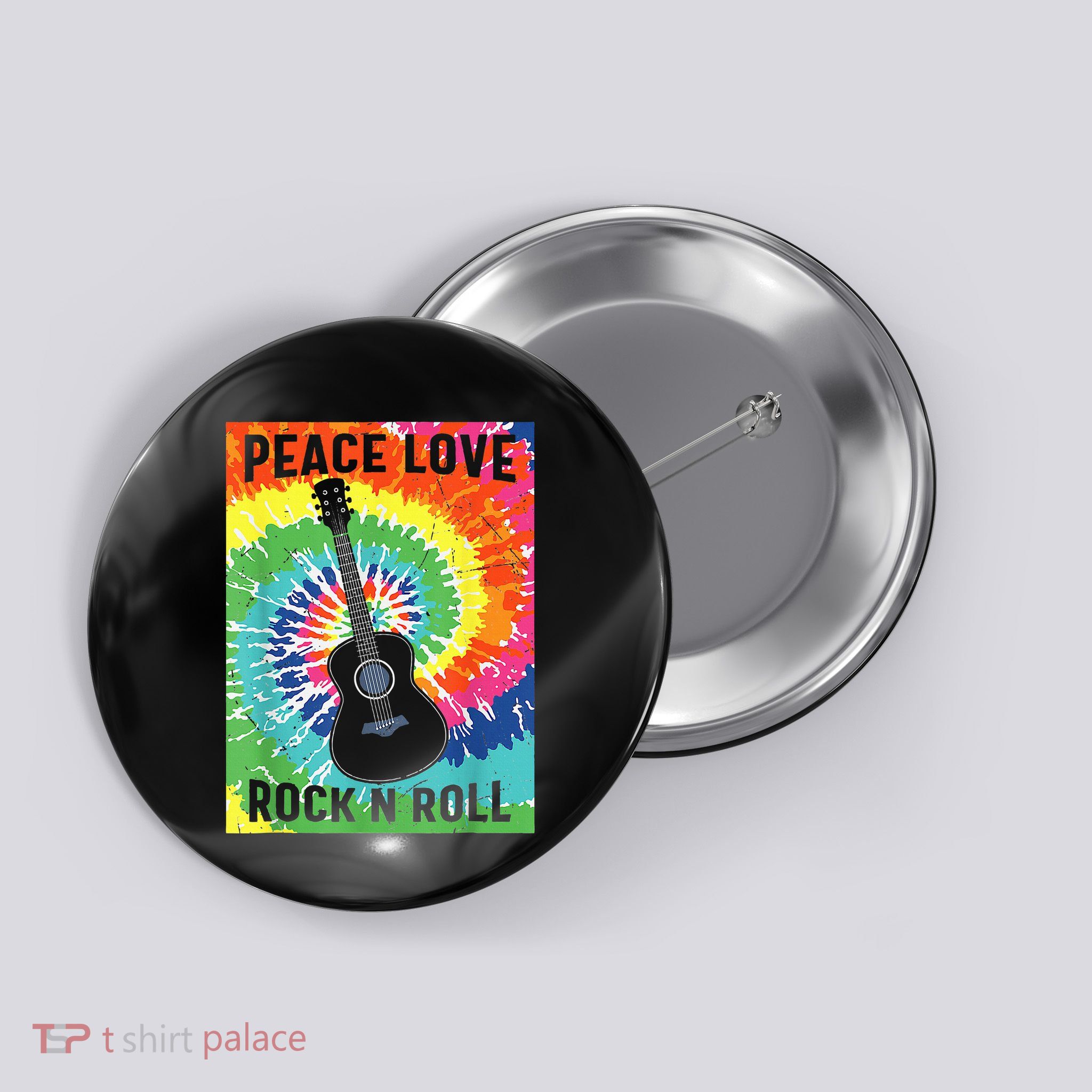 Peace Love Rock N Roll Tie Dye Hippie Guitar Music Retro Button