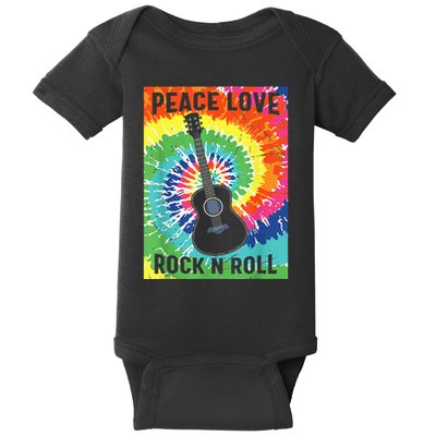 Peace Love Rock N Roll Tie Dye Hippie Guitar Music Retro Baby Bodysuit