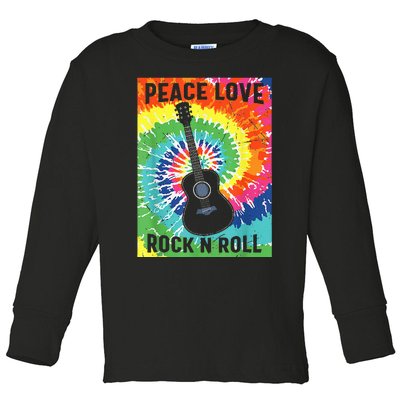 Peace Love Rock N Roll Tie Dye Hippie Guitar Music Retro Toddler Long Sleeve Shirt