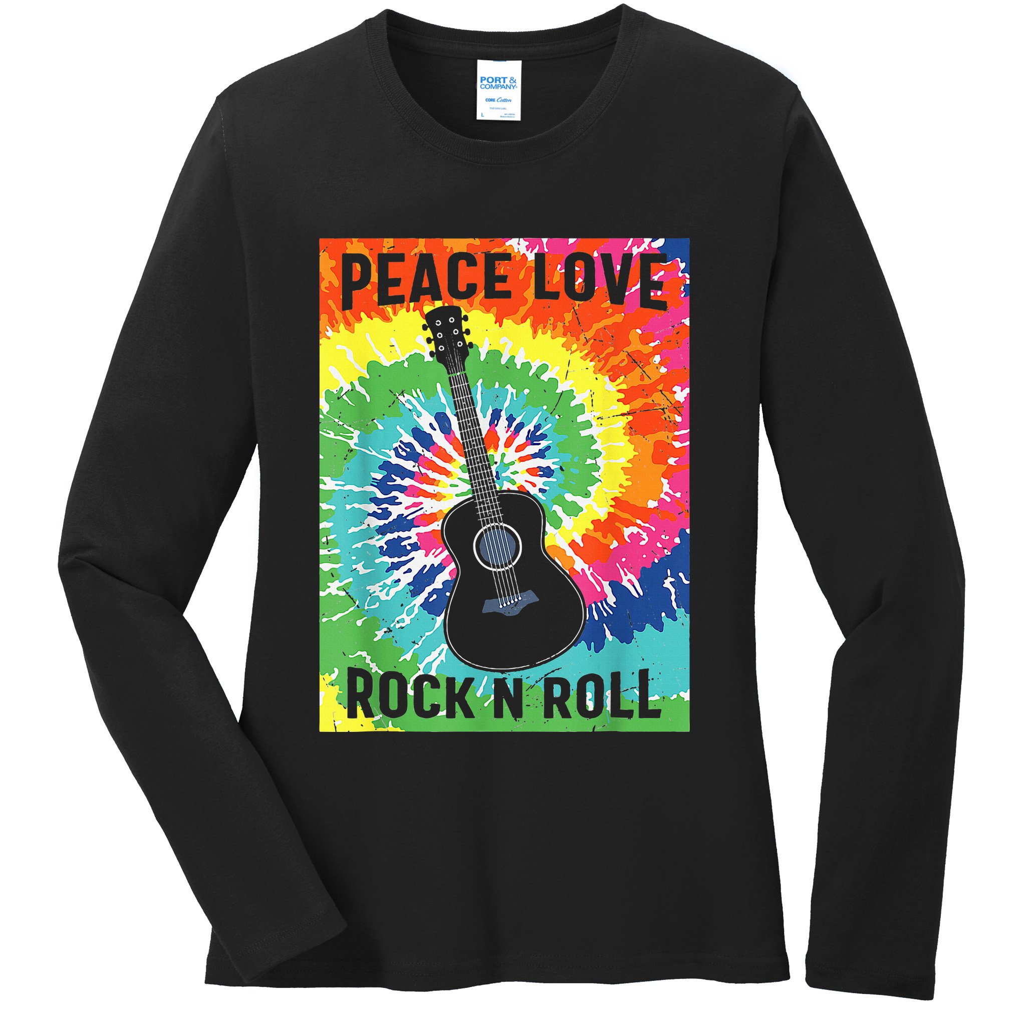 Peace Love Rock N Roll Tie Dye Hippie Guitar Music Retro Ladies Long Sleeve Shirt