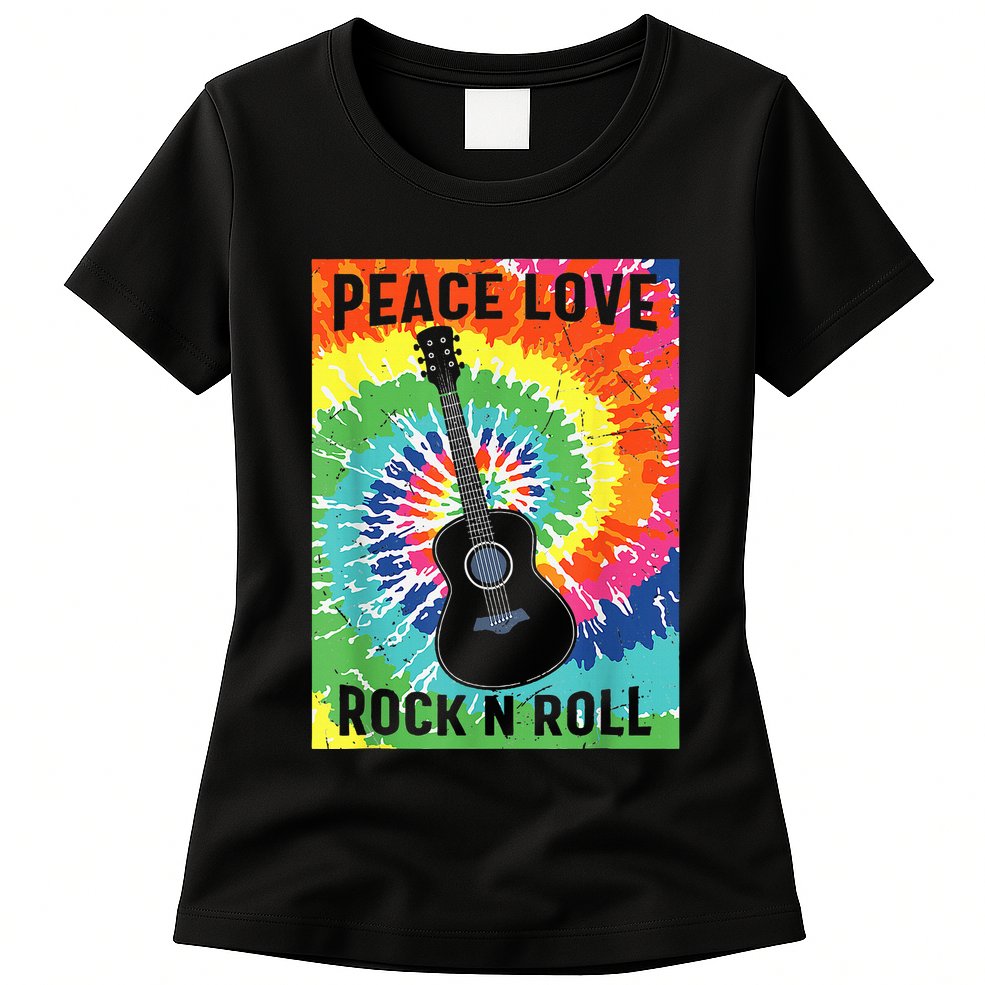 Peace Love Rock N Roll Tie Dye Hippie Guitar Music Retro Womens T-Shirt