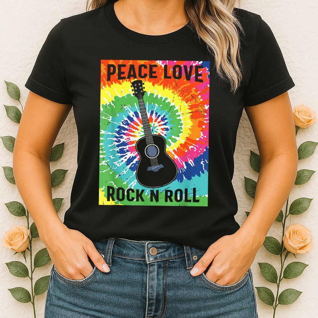 Peace Love Rock N Roll Tie Dye Hippie Guitar Music Retro Womens T-Shirt