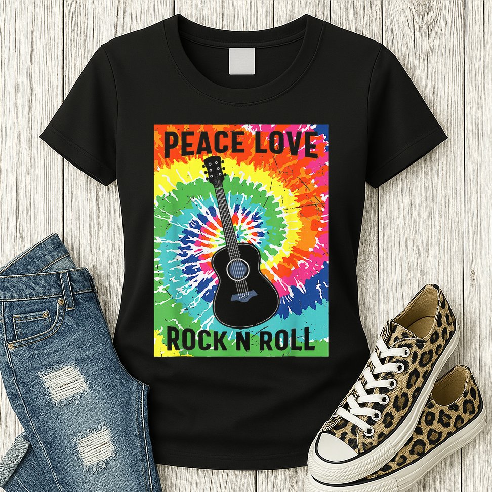 Peace Love Rock N Roll Tie Dye Hippie Guitar Music Retro Womens T-Shirt