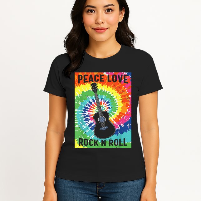 Peace Love Rock N Roll Tie Dye Hippie Guitar Music Retro Womens T-Shirt