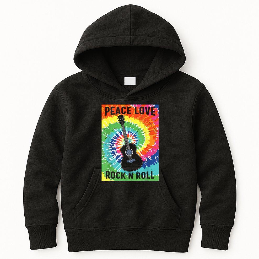Peace Love Rock N Roll Tie Dye Hippie Guitar Music Retro Kids Hoodie