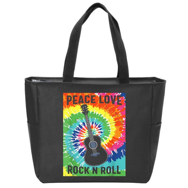 Peace Love Rock N Roll Tie Dye Hippie Guitar Music Retro Zip Tote Bag