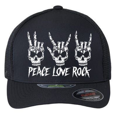 Peace Love Rock And Roll Vintage Guitar Rock Sign Hand Skull Funny Gift Flexfit Unipanel Trucker Cap