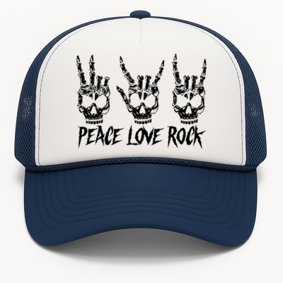 Peace Love Rock And Roll Vintage Guitar Rock Sign Hand Skull Funny Gift Trucker Hat