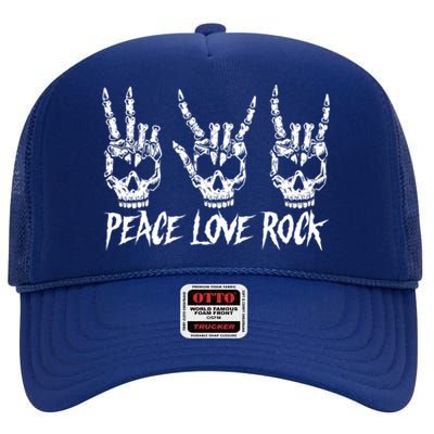 Peace Love Rock And Roll Vintage Guitar Rock Sign Hand Skull Funny Gift High Crown Mesh Back Trucker Hat