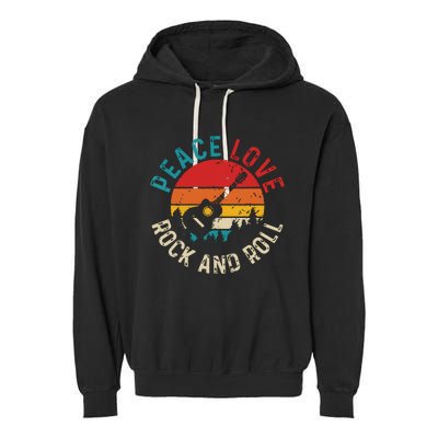 Peace Love Rock Roll Guitar Player Guitarist Vintage Garment-Dyed Fleece Hoodie