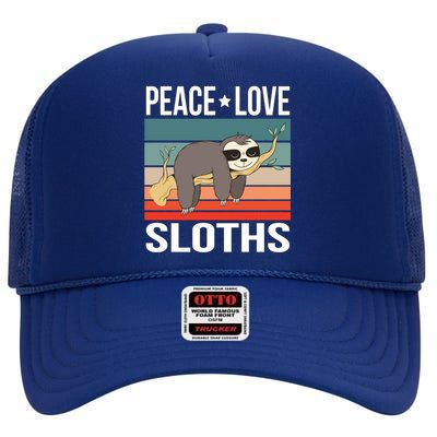 Peace Love Sloths Quote Retro Animal Vintage Gift High Crown Mesh Back Trucker Hat