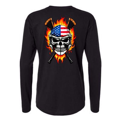 Patriotic Lacrosse Skull Womens Cotton Relaxed Long Sleeve T-Shirt