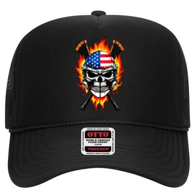 Patriotic Lacrosse Skull High Crown Mesh Back Trucker Hat