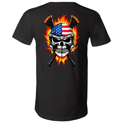 Patriotic Lacrosse Skull V-Neck T-Shirt