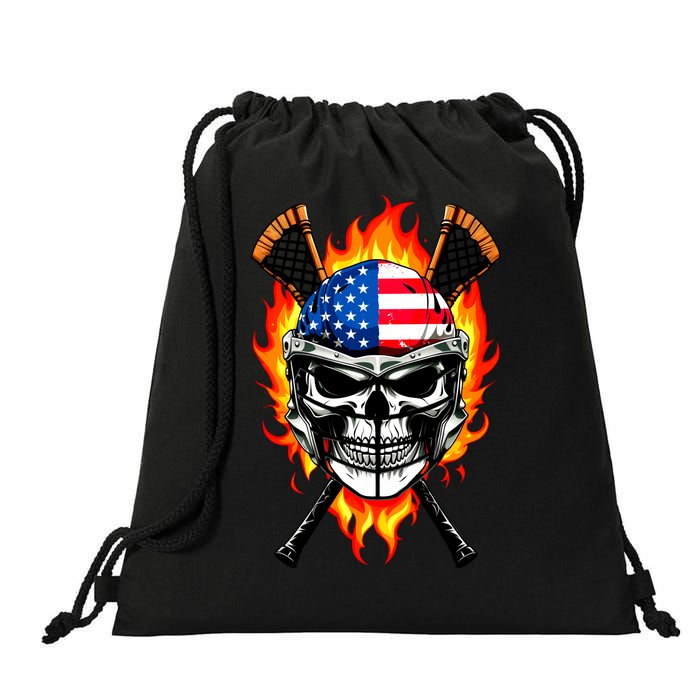 Patriotic Lacrosse Skull Drawstring Bag