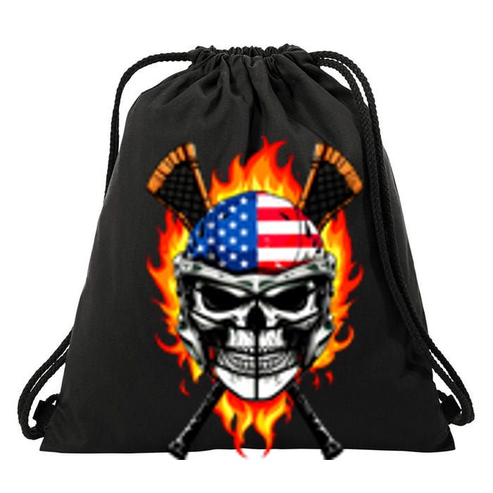 Patriotic Lacrosse Skull Drawstring Bag