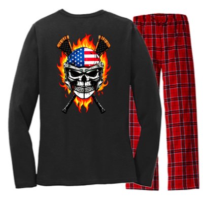 Patriotic Lacrosse Skull Women's Long Sleeve Flannel Pajama Set 