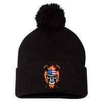 Patriotic Lacrosse Skull Pom Pom 12in Knit Beanie