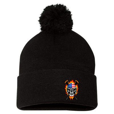 Patriotic Lacrosse Skull Pom Pom 12in Knit Beanie