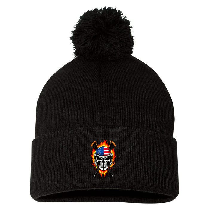 Patriotic Lacrosse Skull Pom Pom 12in Knit Beanie