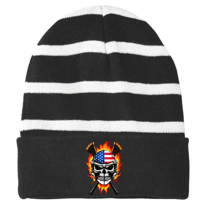 Patriotic Lacrosse Skull Striped Beanie with Solid Band