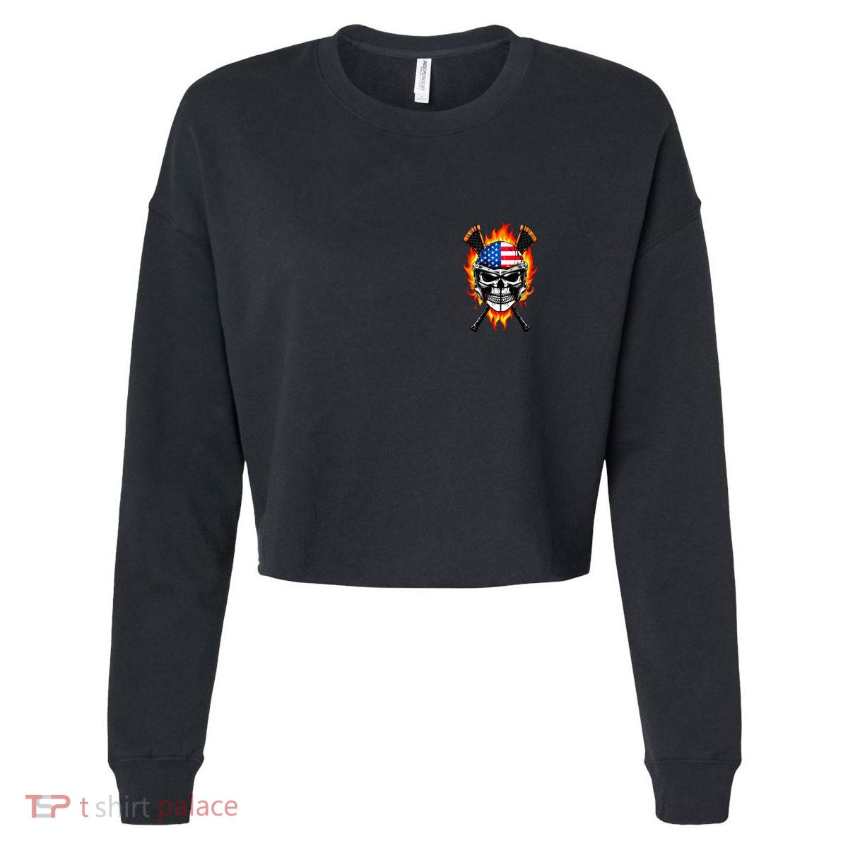 Patriotic Lacrosse Skull Cropped Pullover Crew