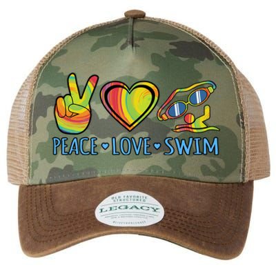 Peace Love Swim Fun Swimmer Swimming Coach Graphic Funny Gift Legacy Tie Dye Trucker Hat