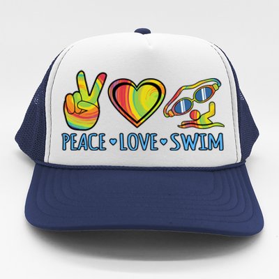 Peace Love Swim Fun Swimmer Swimming Coach Graphic Funny Gift Trucker Hat