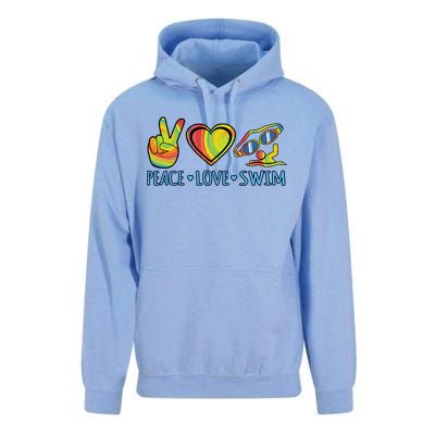 Peace Love Swim Fun Swimmer Swimming Coach Graphic Funny Gift Unisex Surf Hoodie