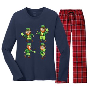 Pickleball Leprechauns St Patrick's Day Pickleball Player Women's Long Sleeve Flannel Pajama Set 