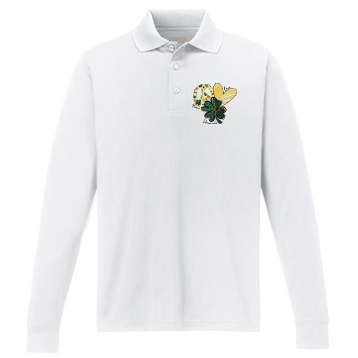 Peace Love Shamrock Leopard Irish Shamrocks St Patrick's Day Performance Long Sleeve Polo