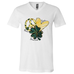 Peace Love Shamrock Leopard Irish Shamrocks St Patrick's Day V-Neck T-Shirt