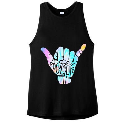 Pogue Life Shaka Hand Hang Loose Tie Dye Pattern Ladies PosiCharge Tri-Blend Wicking Tank