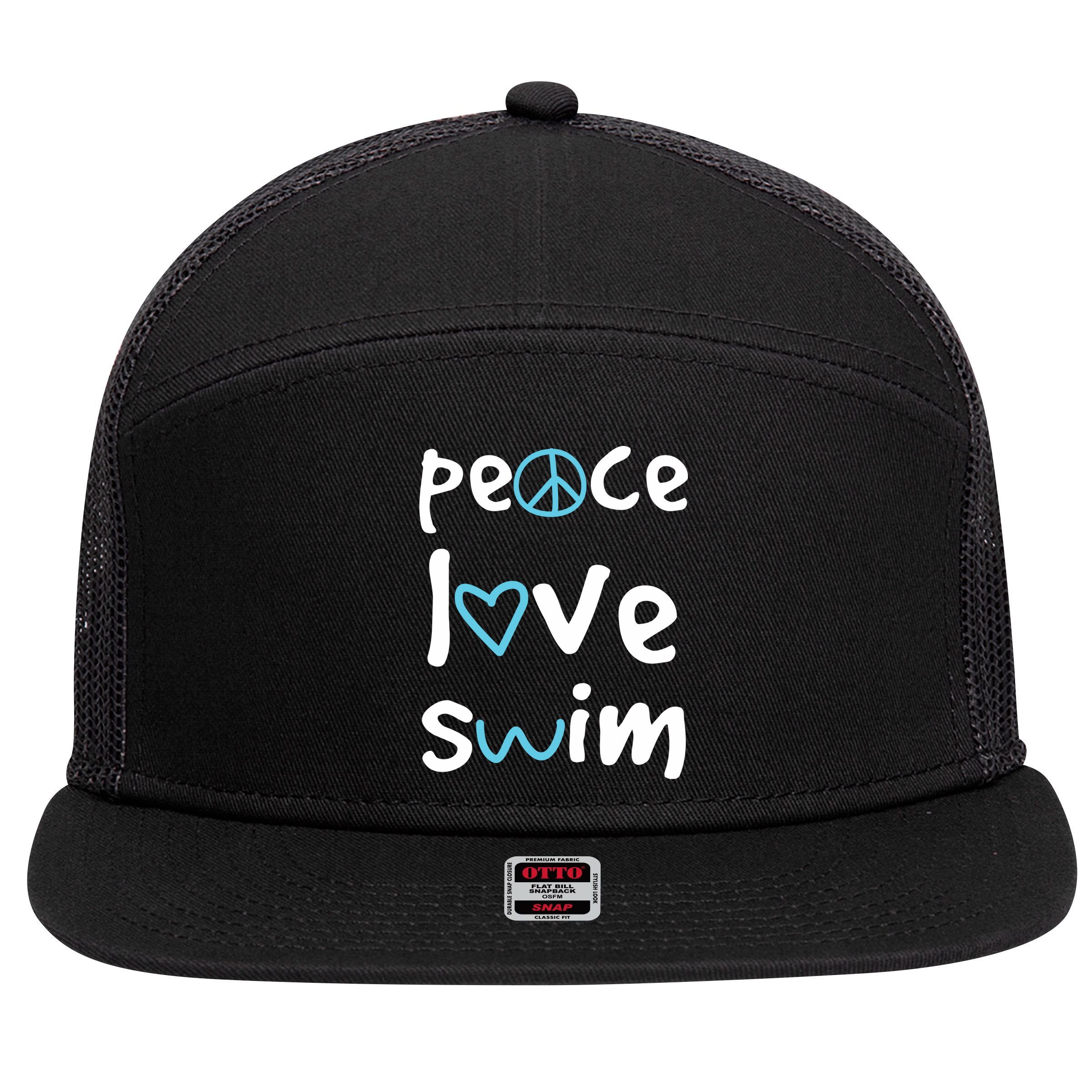 Peace Love Swim Cute Gift Swimmer Gift Love To Swim 7 Panel Mesh Trucker Snapback Hat