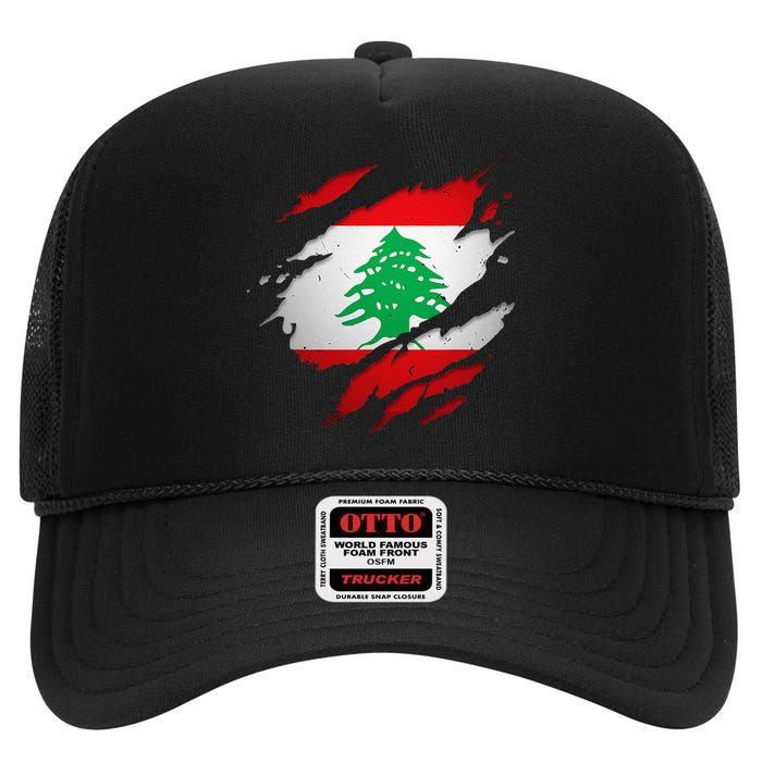 Proud Lebanese Shirts Torn Ripped Lebanon Flag High Crown Mesh Back Trucker Hat