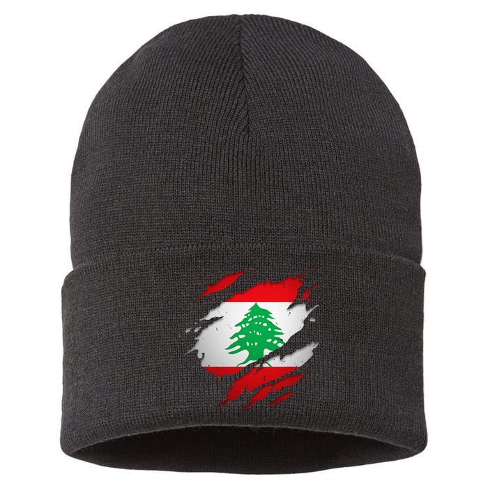 Proud Lebanese Shirts Torn Ripped Lebanon Flag Sustainable Knit Beanie