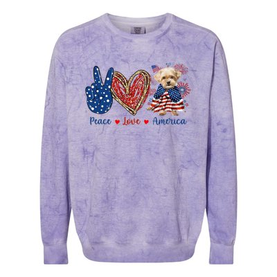 Peace Love Shorkie Dog Patriotic America Flag 4th July Meaningful Gift Colorblast Crewneck Sweatshirt