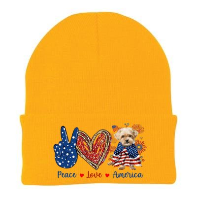 Peace Love Shorkie Dog Patriotic America Flag 4th July Meaningful Gift Knit Cap Winter Beanie